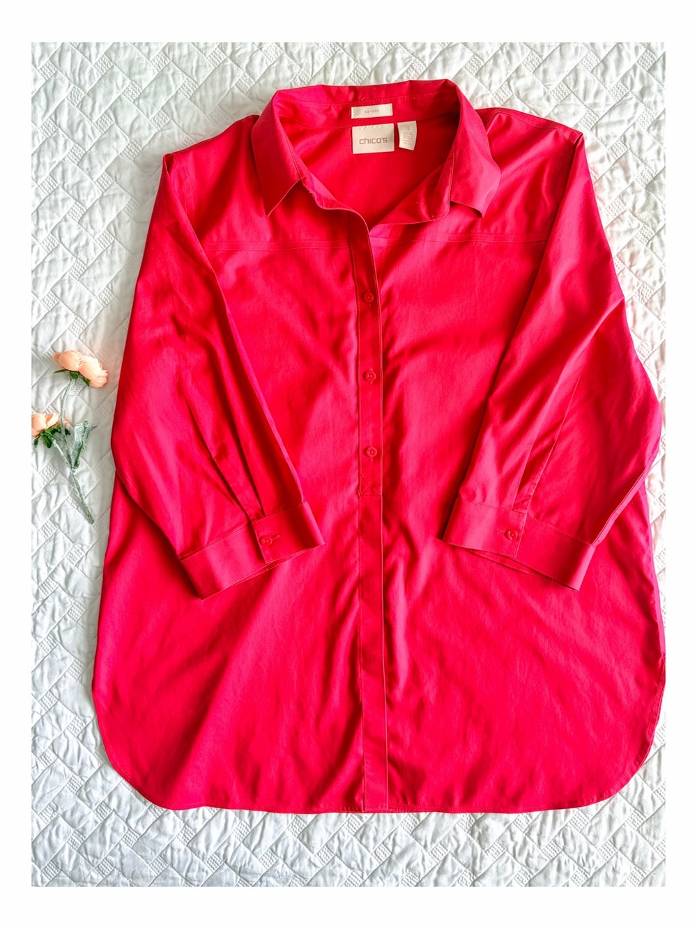 Chico’s Red Cotton Button Front Shirt Blouse Size 3 XL No Iron